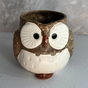 Studio Art Pottery Mug Owl Brown Speckled Hand Painted Matte Unmarked